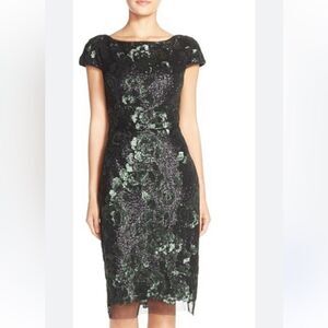 Vera Wang Sequined Cap Sleeve Midi Cocktail Dress Black Green size 4